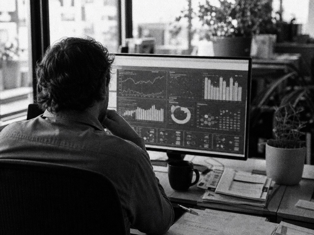 Person monitoring an operations dashboard with data, black and white.