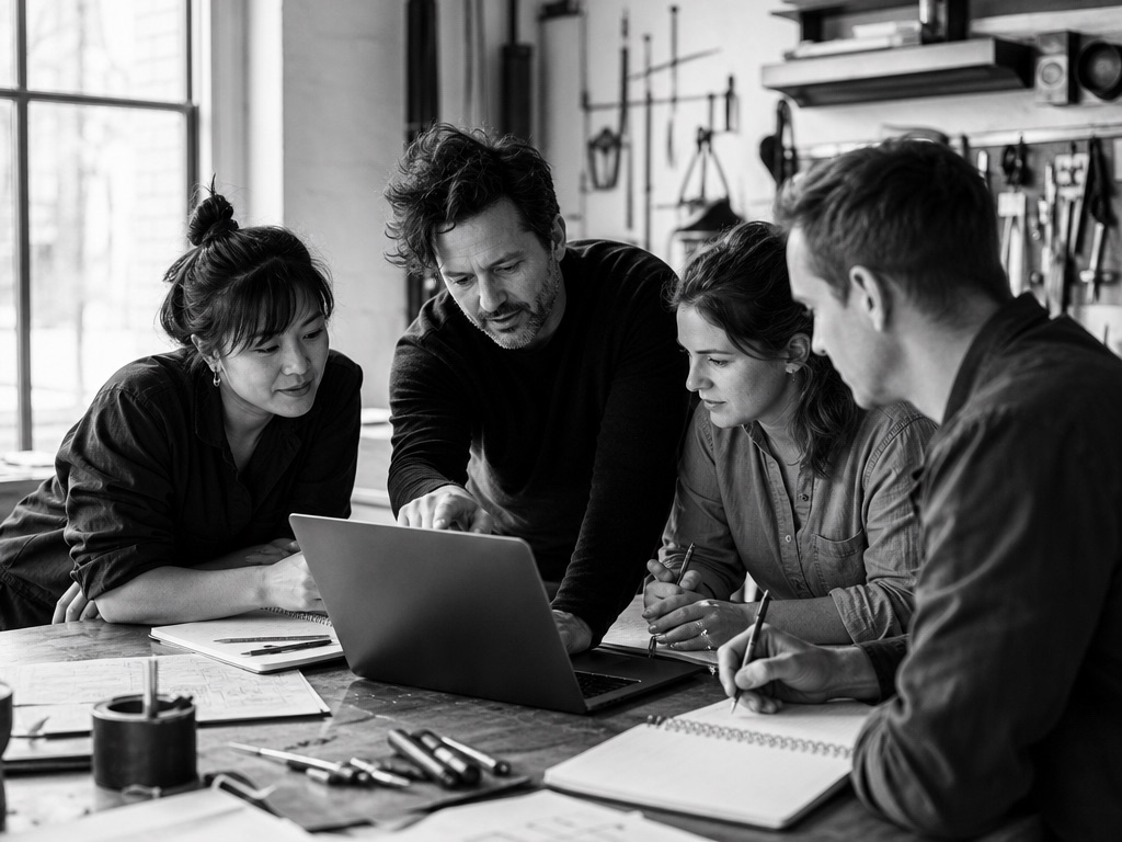 Team learning around a laptop in a workshop, black and white.