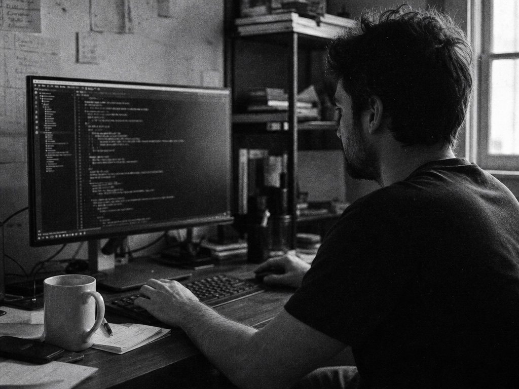 Person coding at a monitor showing code, black and white.