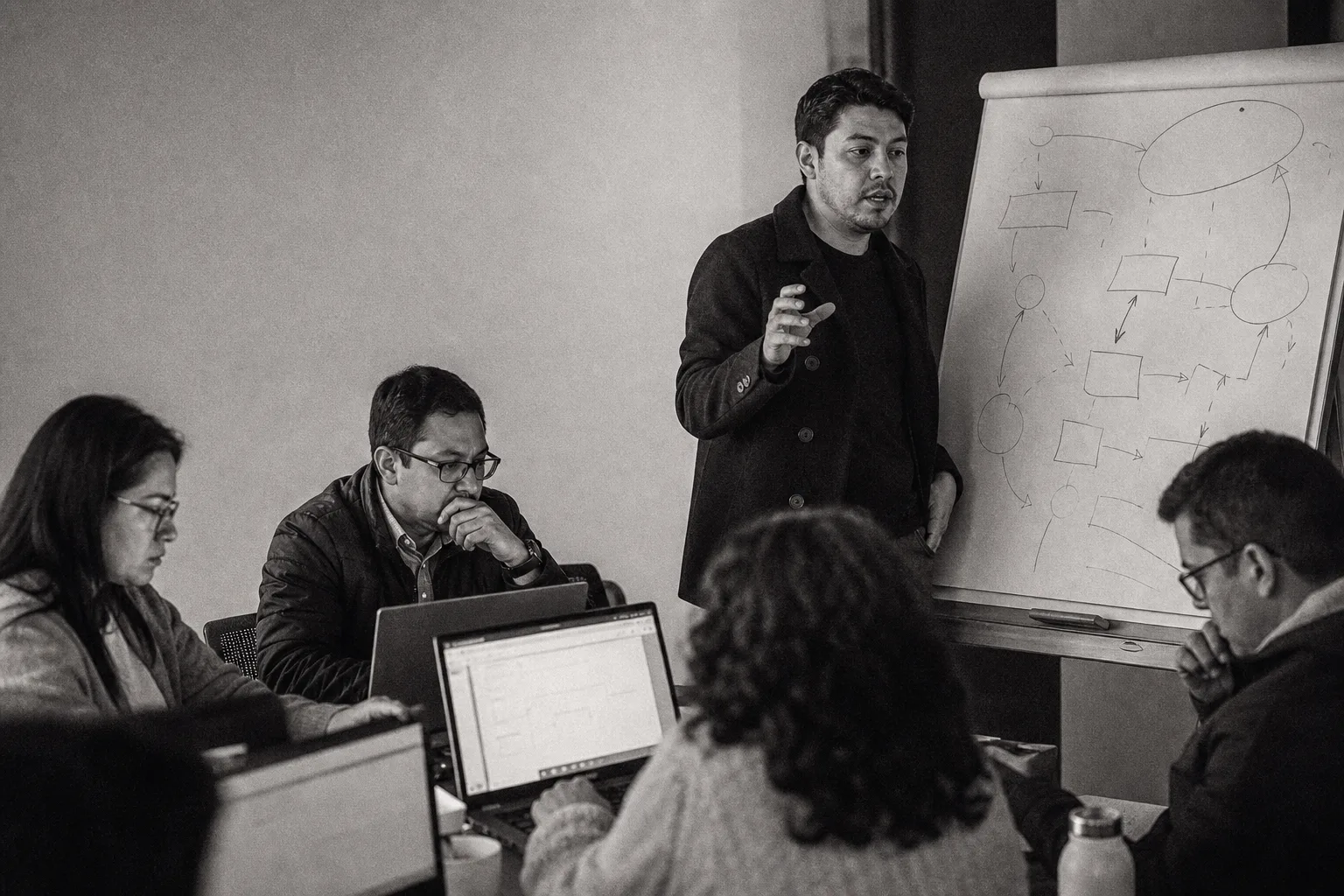 Training workshop with a team working, black and white.